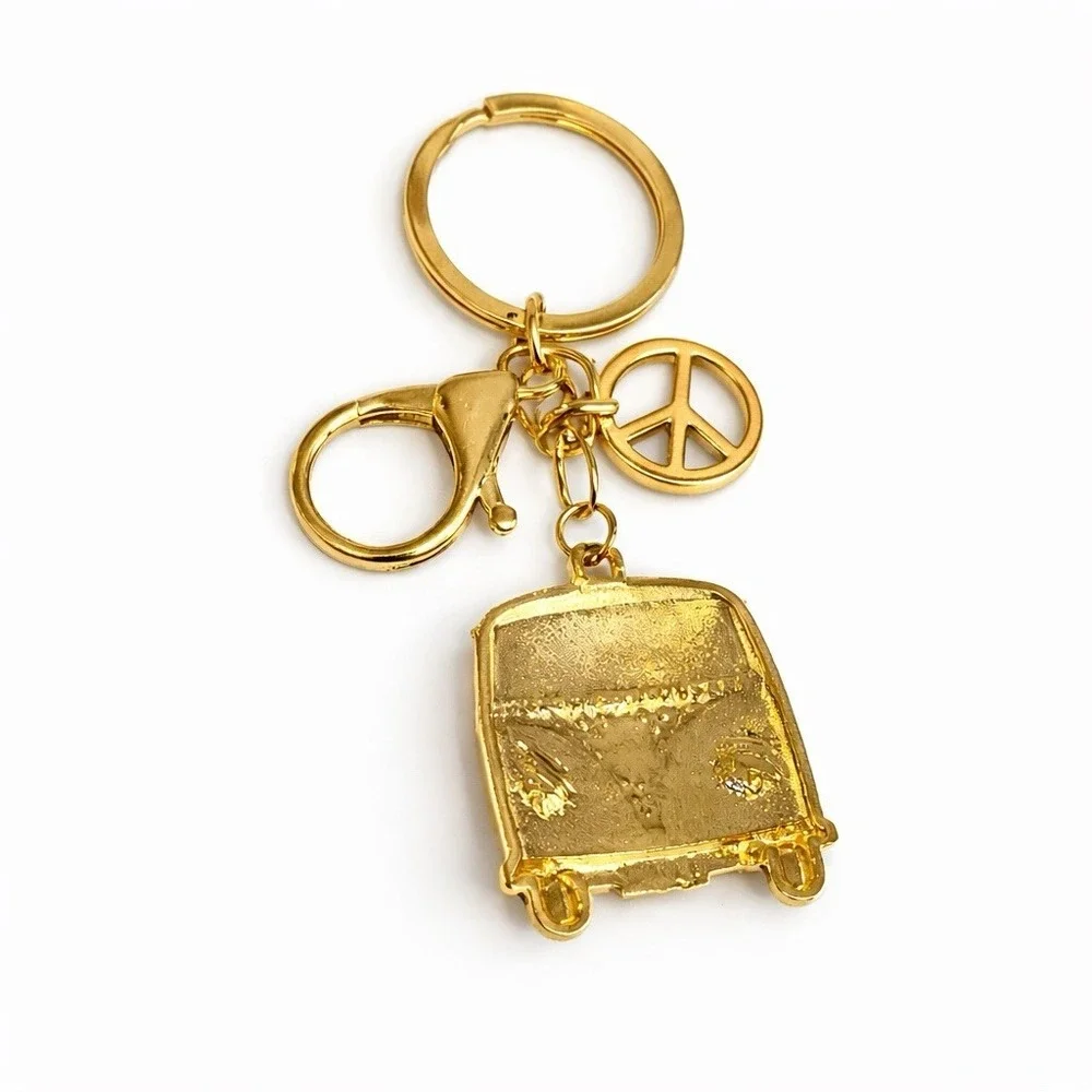 Pink Hippie USA Peace Van Gold Tone Keychain Purse Charm Rhinestone Metal Clip